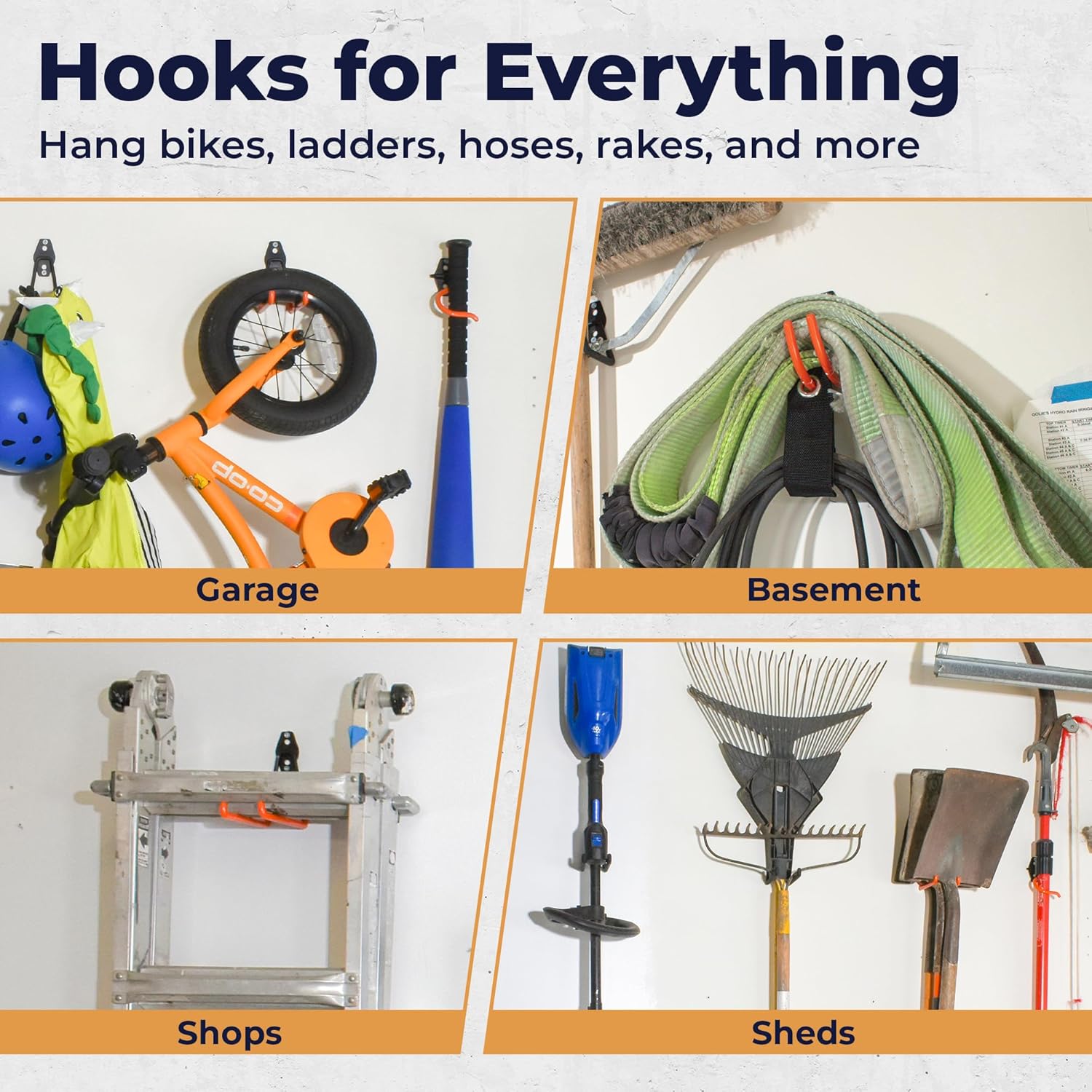 Steel Heavy Duty Garage Hooks - 16 Pack Anti-Slip Wall Mount Organizer for Tools, Bikes & Ladders