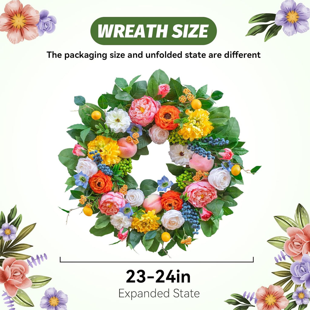 Pinkpuii 24-Inch Spring Wreath - Vibrant Peonies, Roses & Realistic Fruit Accents for Front Door Decor