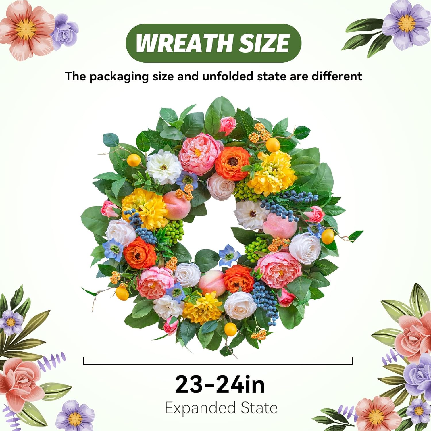 Pinkpuii 24-Inch Spring Wreath - Vibrant Peonies, Roses & Realistic Fruit Accents for Front Door Decor