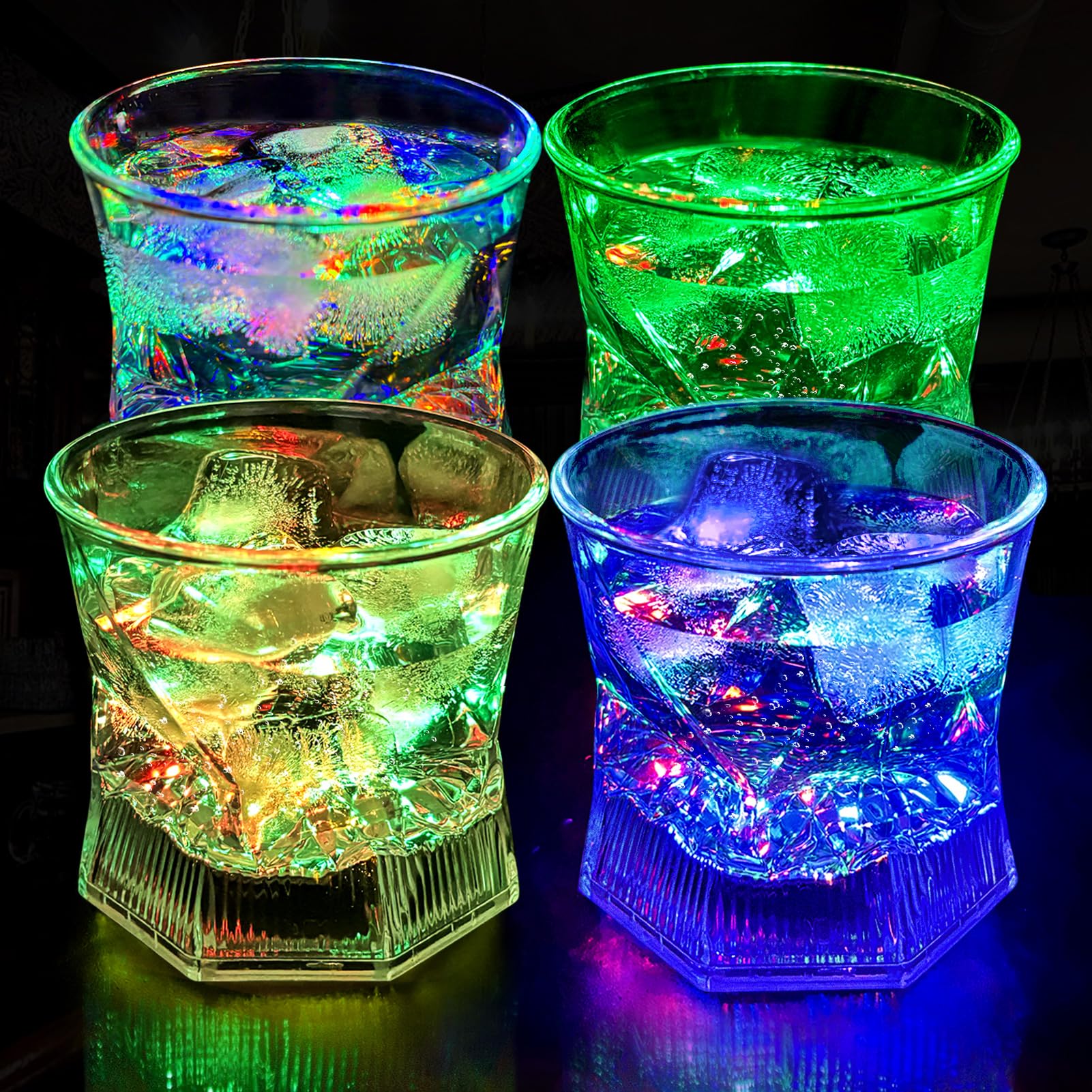 UPZAI LED Old Fashioned Glasses: 10oz Liquid Activated Multicolor Light Up Drinking Tumblers Set of 4 - Plastic Fun Cups for Water Beer Cocktail Whiskey Bar Party