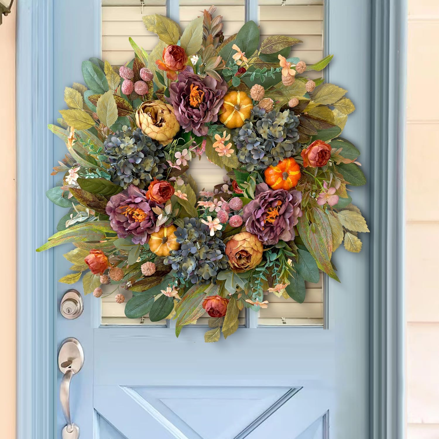 WANNA-CUL 24 Inch Spring & Fall Wreath - Blue Hydrangea & Purple Peony | Autumn Door Decor