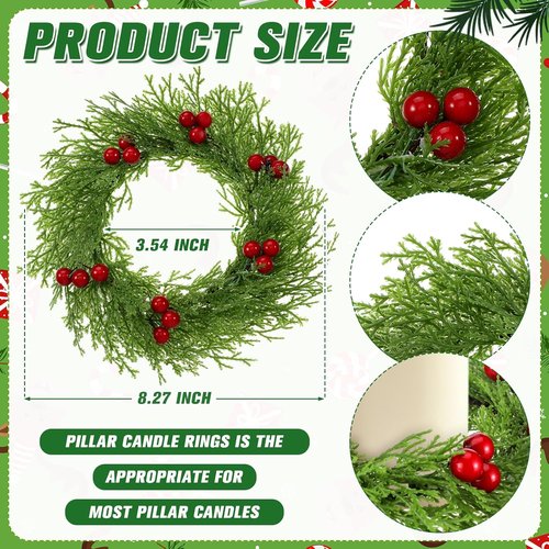 Knitgrip 8 Pcs Small Christmas Wreaths with Red Berry 8.27" Artificial Cedar Candle Rings Holder Mini Wreaths for Cabinets Christmas Holiday Table Centerpiece Window Chair Decor