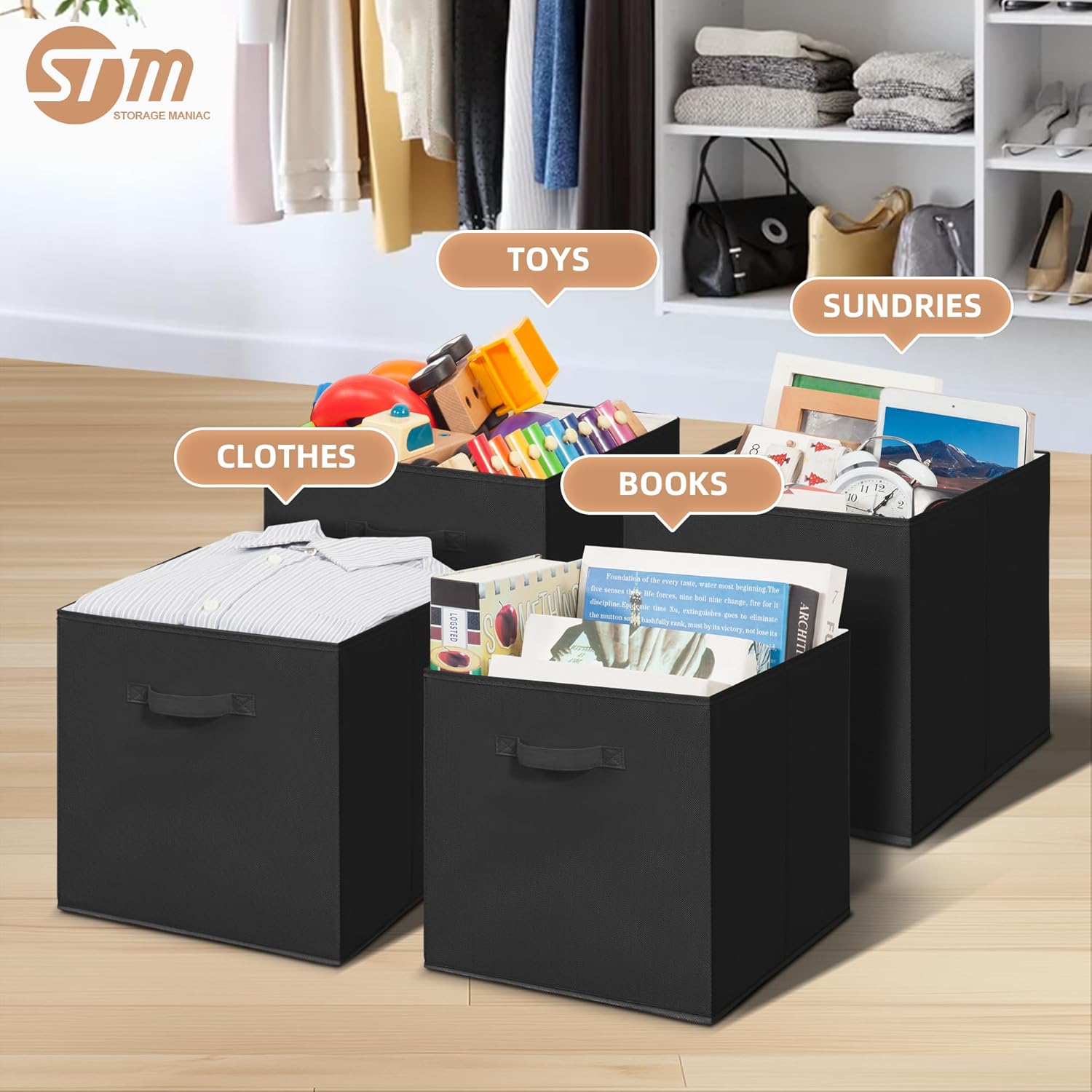 Storage Maniac 13-Inch Collapsible Storage Cubes - Durable Fabric Bins for Organization | 10-Pack Black