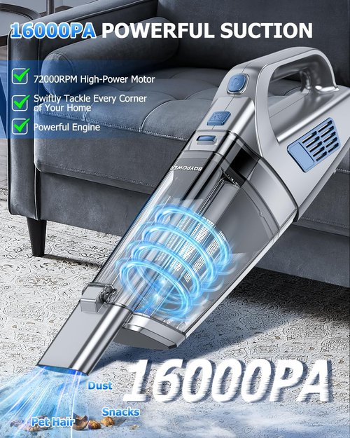 BQYPOWER Cordless Handheld Vacuum - 16000PA Strong Suction, Rechargeable with Accessories | Portable for Car & Home