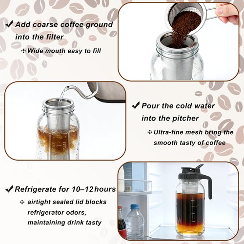 Cold Brew Coffee Maker 64 Oz Wide Mouth Mason Jar Pitcher With stainless steel Filter 2 Quart Airtight & Leak-Proof cold brew pitcher with pour spout lid and handle For iced Coffee Tea and lemonade