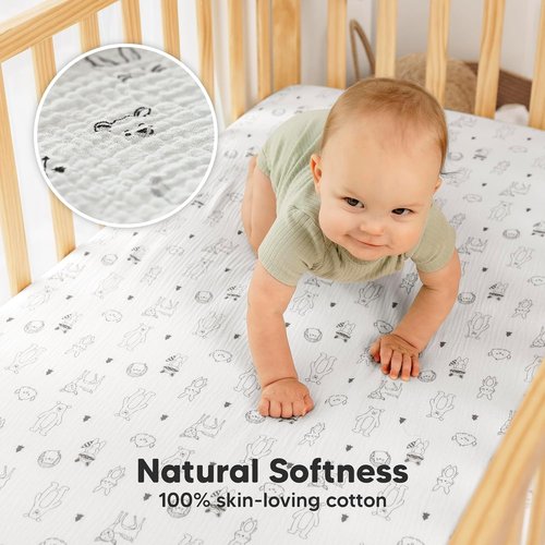KeaBabies 2-Pack Muslin Crib Sheets - 100% Organic Cotton, Soft & Breathable, Neutral Woodland Design, 52x28