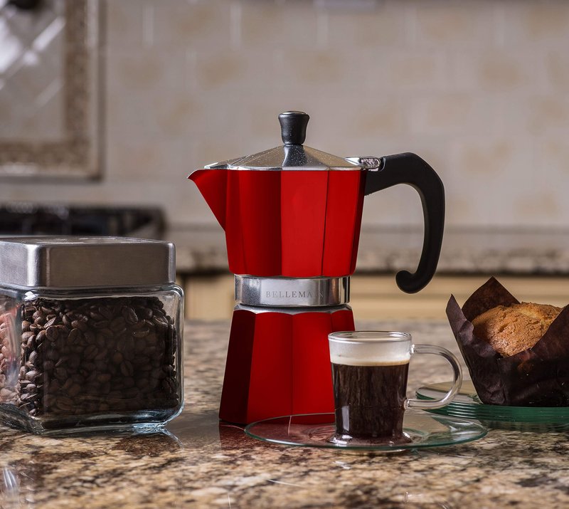 Bellemain Stovetop Espresso Maker | Italian Moka Pot Espresso Maker, Classic Aluminum Design Mocha Pot for Home Brewing & Camping | Easy to Use & Clean - 3-Cup, Red
