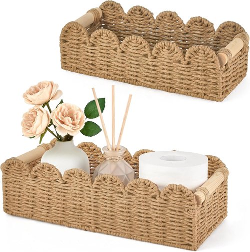 Dahey Toilet Paper Storage Basket - Woven Paper Rope with Scalloped Edge | 2 Pcs for Bathroom Organization
