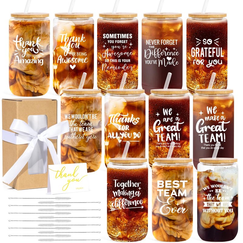 12 Set Employee Appreciation Gifts Bulk, Thank You Gifts for Coworker Staff Teacher Nurses Team, 16oz Can Shaped Beer Glass Cups Gift Box with Card for Women Men, Teacher's Day/Nurses Week