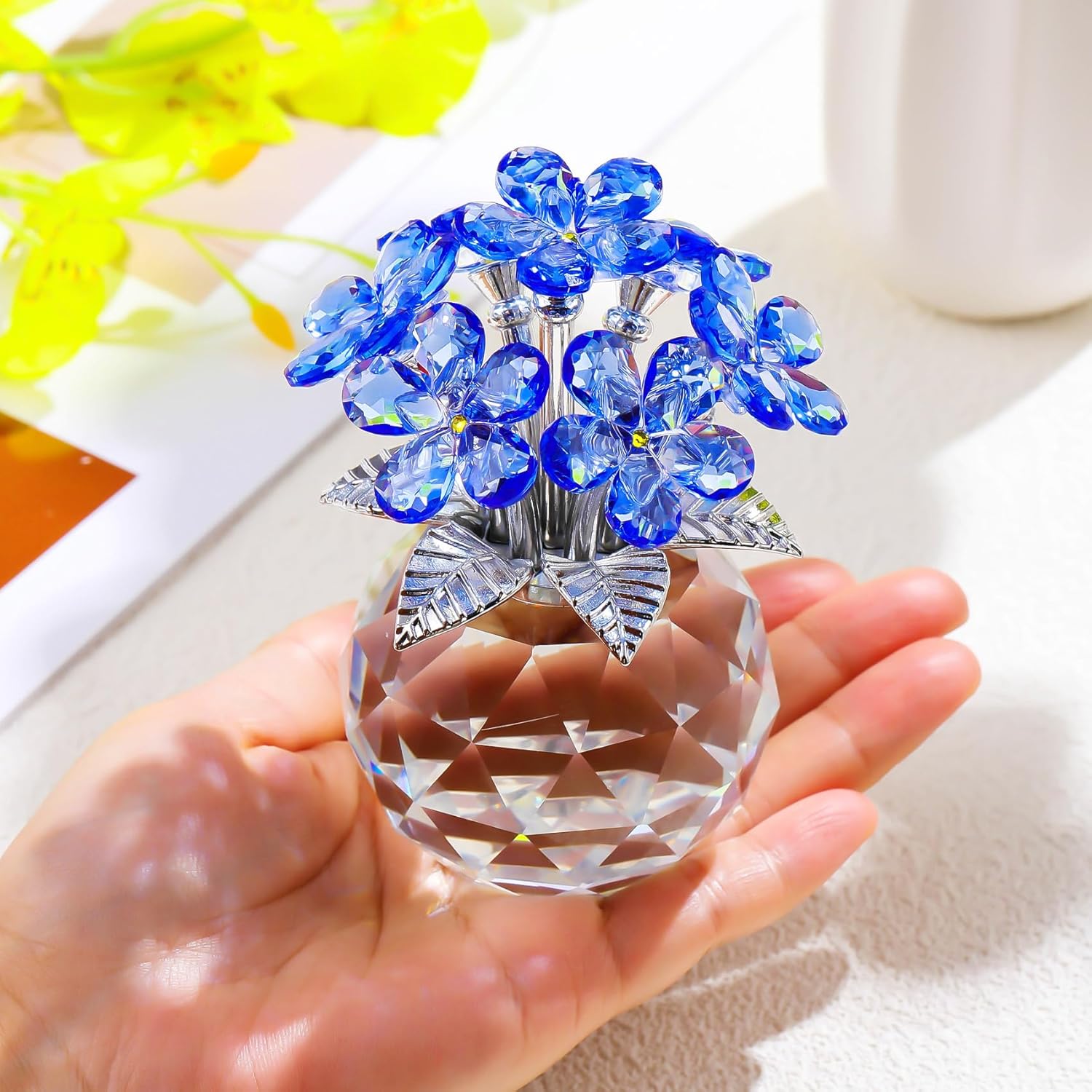 YWHL Blue Crystal Forget Me Not Flowers - Handmade Glass Bouquet Figurine | Perfect Gift for Women