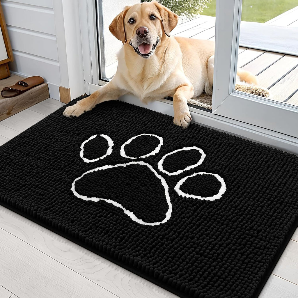 OLANLY Dog Door Mat - Absorbent Non-Slip Mud Mat for Muddy Paws | 35x24 Inches, Black Paw Print Design
