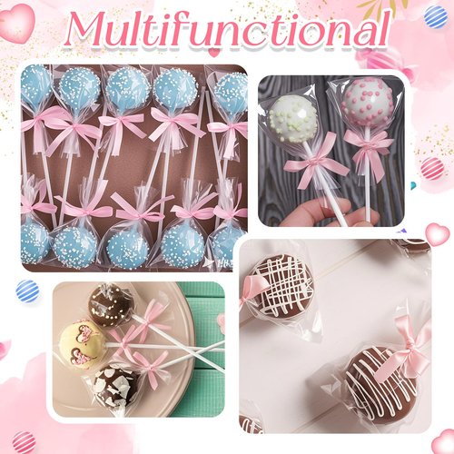 Honoson 50 Sets Cake Pop Sticks and Wrappers Kit with Clear Cake Pop Bags, 6 Inch Paper Lollipop Sticks and Bows for Cakepops, Candy and Chocolate, Valentine’s Day, Wedding and Party Favors (Pink)