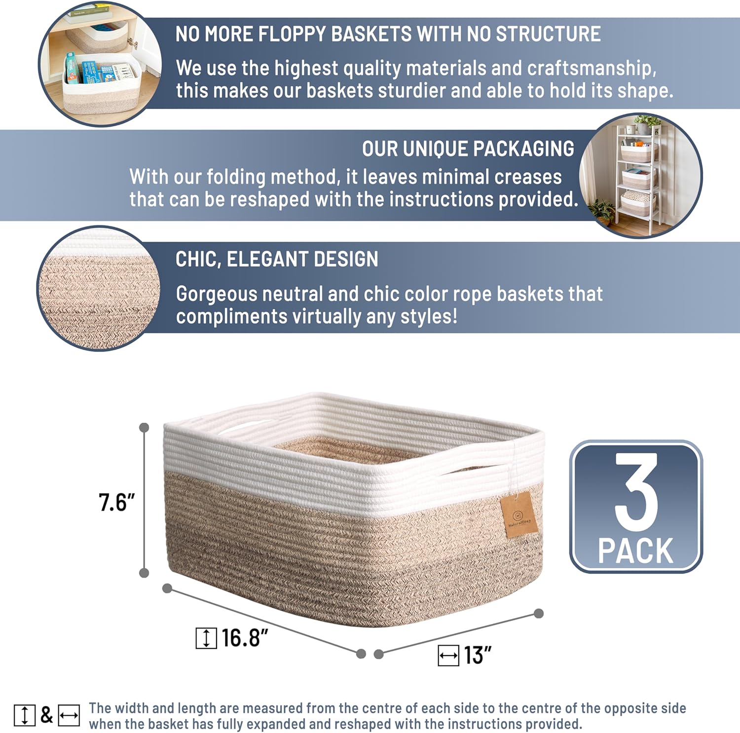 NaturalCozy Storage Baskets - 3-Pack Cotton Rope Woven Bins for Organizing | 16.8”x13”x7.6” | Ideal for Toys, Laundry, and More