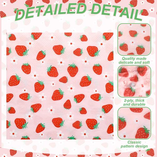 Janlaugh 100 Pcs Strawberry Paper Napkins Set Disposable Summer Fruit Paper Napkins Pink for Berry Sweet Strawberry Decoration Catering Event Birthday Summer Party Supplies (6.5 x 6.5 Inches)
