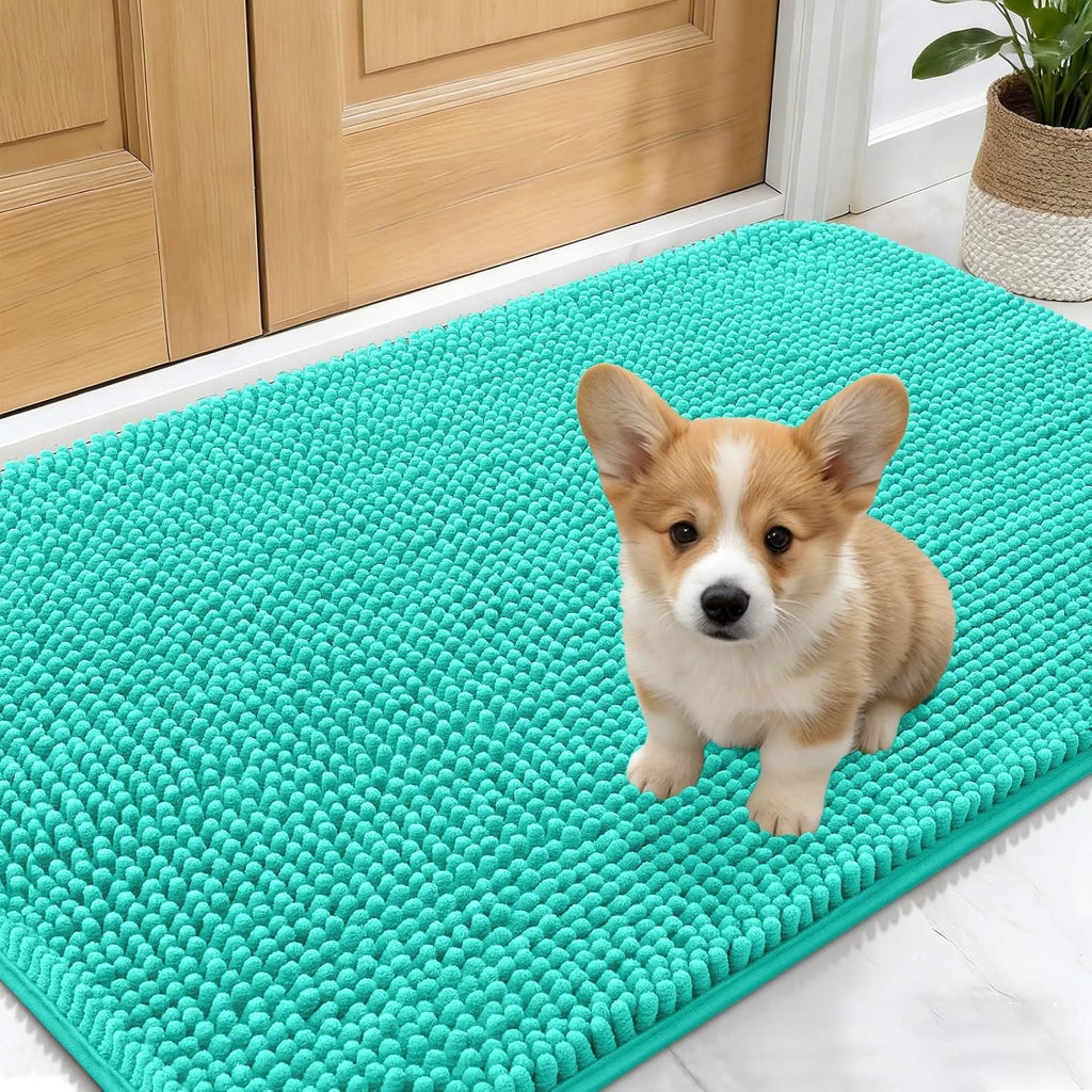 OLANLY Dog Door Mat - Absorbent Non-Slip Chenille Mat for Muddy Paws | 30x17 Inches, Teal Color