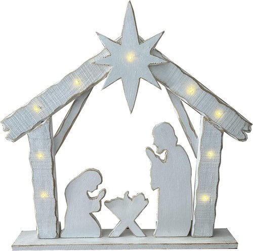Hi-Line Gift Ltd 30-Inch Lighted Wooden Nativity Family | Battery Operated Christmas Decor with Timer