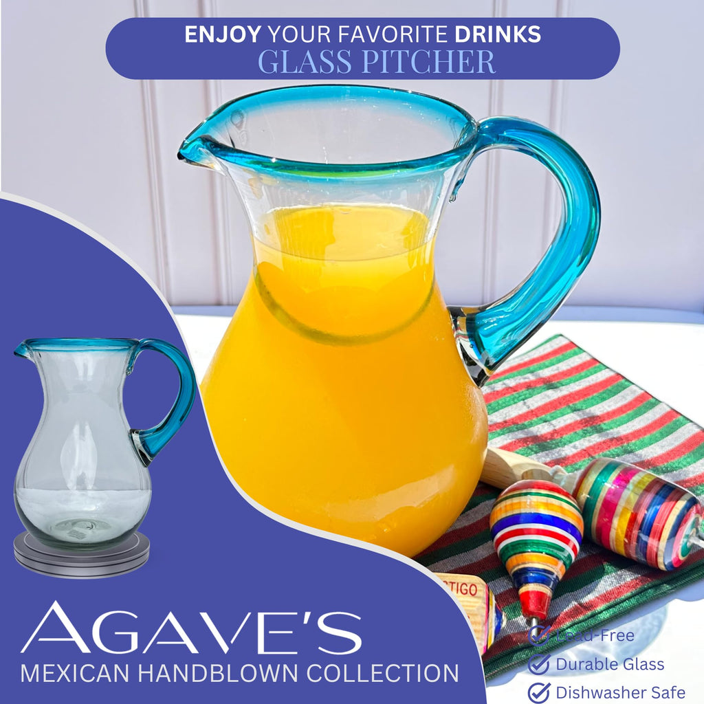 AGAVE'S GLASSWARE Glass Pitcher (84 oz) | Aqua Rim Water Pitcher | Mexican Glassware | Pitchers for Drinks | Tea Picher Juice Pitcher Lemonade Pitcher (Pera Design Aqua 84 oz)