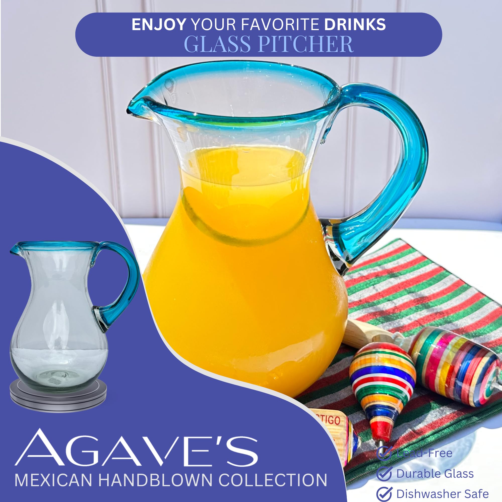 AGAVE'S GLASSWARE Glass Pitcher (84 oz) | Aqua Rim Water Pitcher | Mexican Glassware | Pitchers for Drinks | Tea Picher Juice Pitcher Lemonade Pitcher (Pera Design Aqua 84 oz)