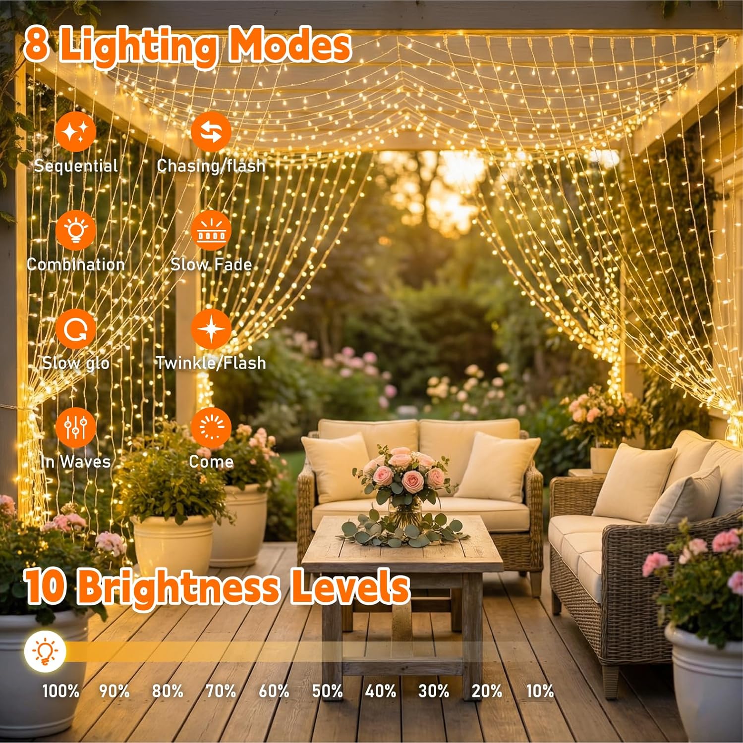 Skiennix 200LED Curtain Lights - Warm White Fairy String Lights | 6.6x6.6ft, 8 Modes Remote Control for Home & Party Decor