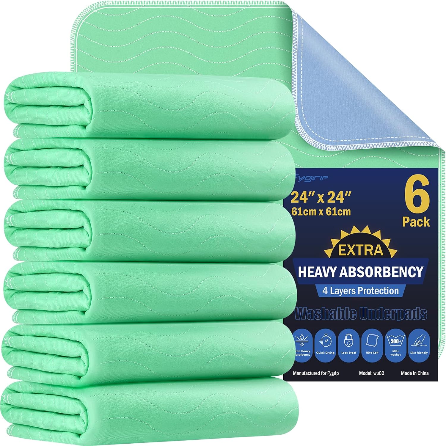 Regine Switzerland 6 Pack Extra Heavy Absorbency Washable Underpads - Waterproof Incontinence Bed Pads 24” x 24”
