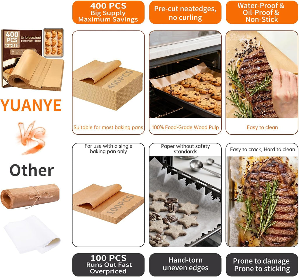 YUANYE Parchment Paper Baking Sheets - 400PCS Unbleached Precut Non-Stick 12"x16" for Oven & Air Fryer