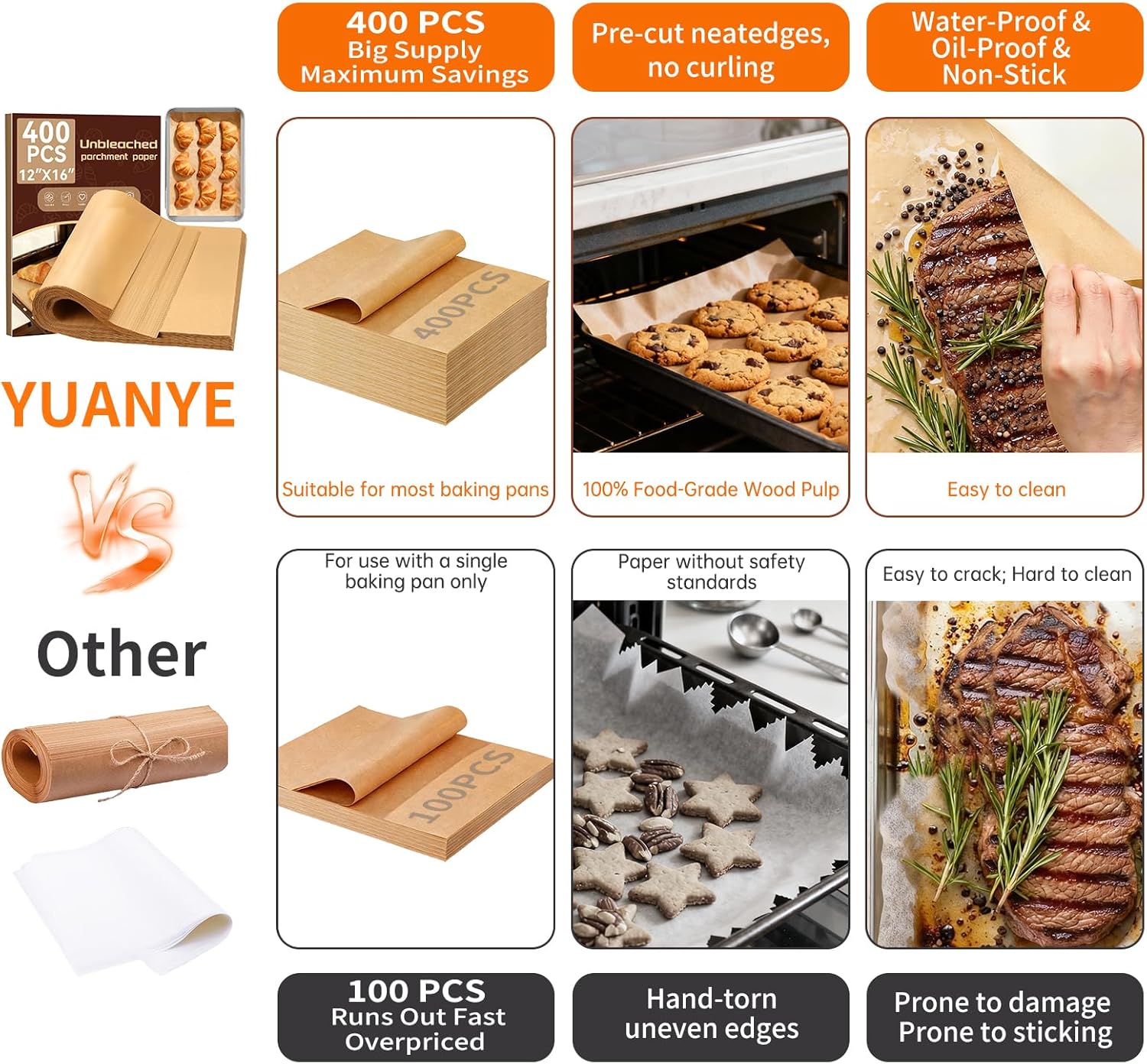 YUANYE Parchment Paper Baking Sheets - 400PCS Unbleached Precut Non-Stick 12"x16" for Oven & Air Fryer