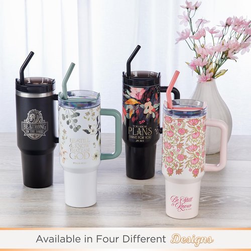 Christian Art Gifts Extra Large Stainless Steel Double Wall Vacuum Insulated Travel Tumbler for Women: Be Still Inspirational Scripture, Lid, Reusable Straw, Wide Handle, White & Teal Floral, 40 oz.