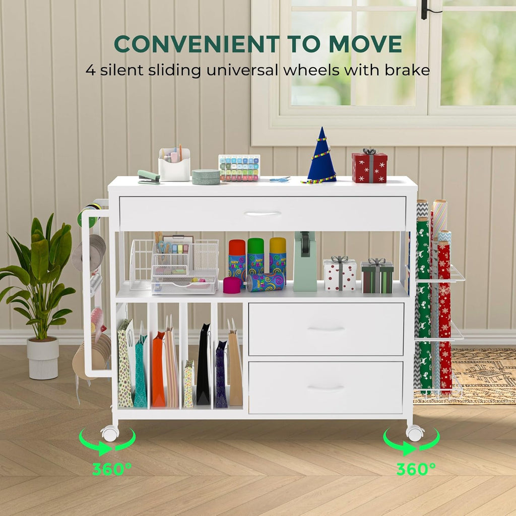 Regine Switzerland Wrapping Paper Organizer - Stylish Craft Cart with 3 Wooden Drawers | White