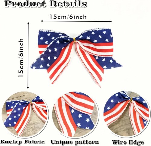American Flag Bows | 12 PCS Red, White & Blue Patriotic 6" Bows for 4th of July & Memorial Day Decor
