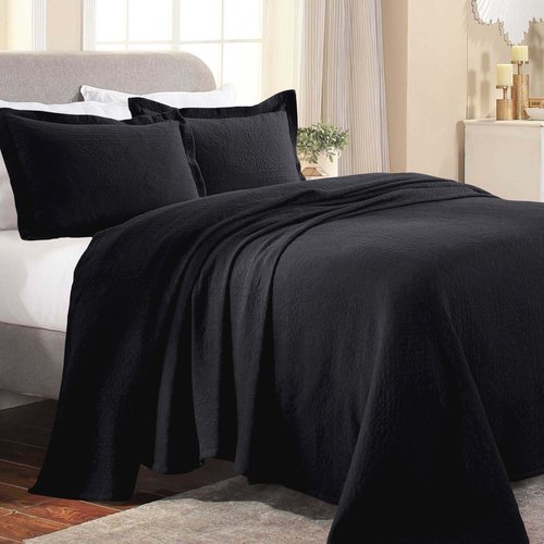 Superior Cotton Fleur De Lis Bedspread Set, Warm Blankets, All-Season Bedding, Bedroom Decor, Decorative Boho Medallion Coverlet, Includes 1 Bedspread, 2 Pillow Shams, Queen, Black