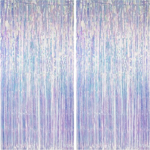 Iridescent Party Decorations - Thick Holographic Tinsel Foil Streamers | 2 Pack 3.3x6.6 FT for Birthday & Themed Events