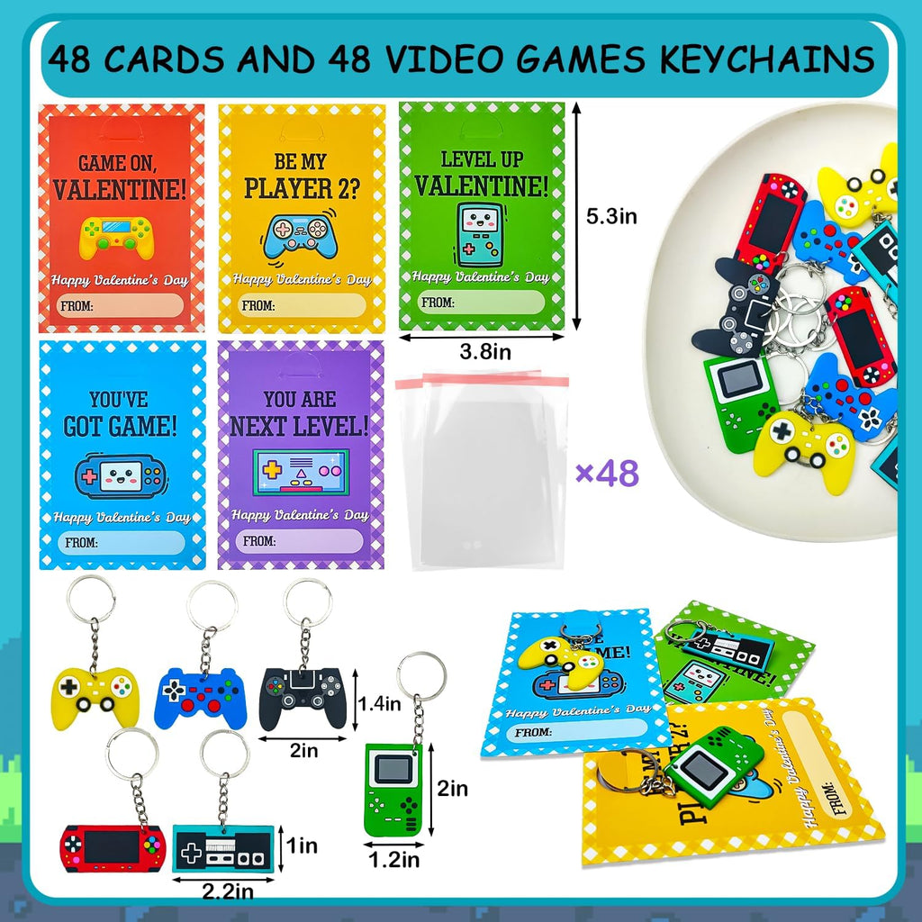 Skiennix Bulk Valentine's Day Cards - 48 Pack Video Game Keychains for Kids | Perfect Classroom Exchange Gifts