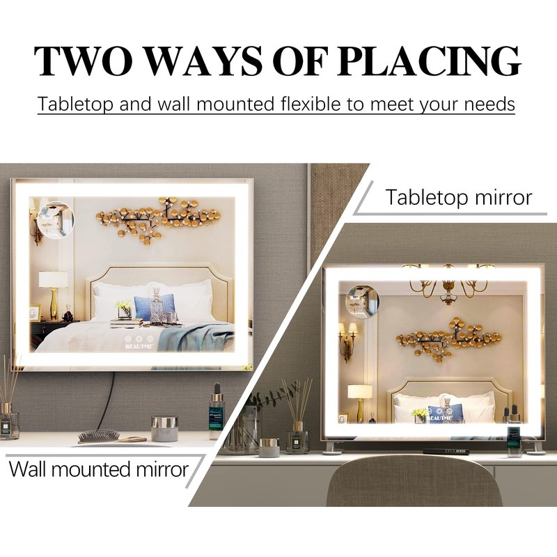 BEAUTME Vanity Mirror with Lights,Hollywood Lighted Makeup Cosmetic Mirrors with Smart Button,Tabletop Makeup Mirrors,with10X Round Mirror,48.5x40.5cm,Silver