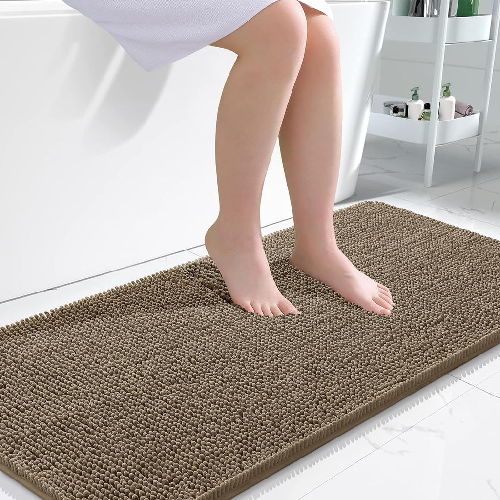 OLANLY Bathroom Runner Rugs - Extra Soft Chenille Bath Mats | Quick Dry, Machine Washable, Tan, 47x24