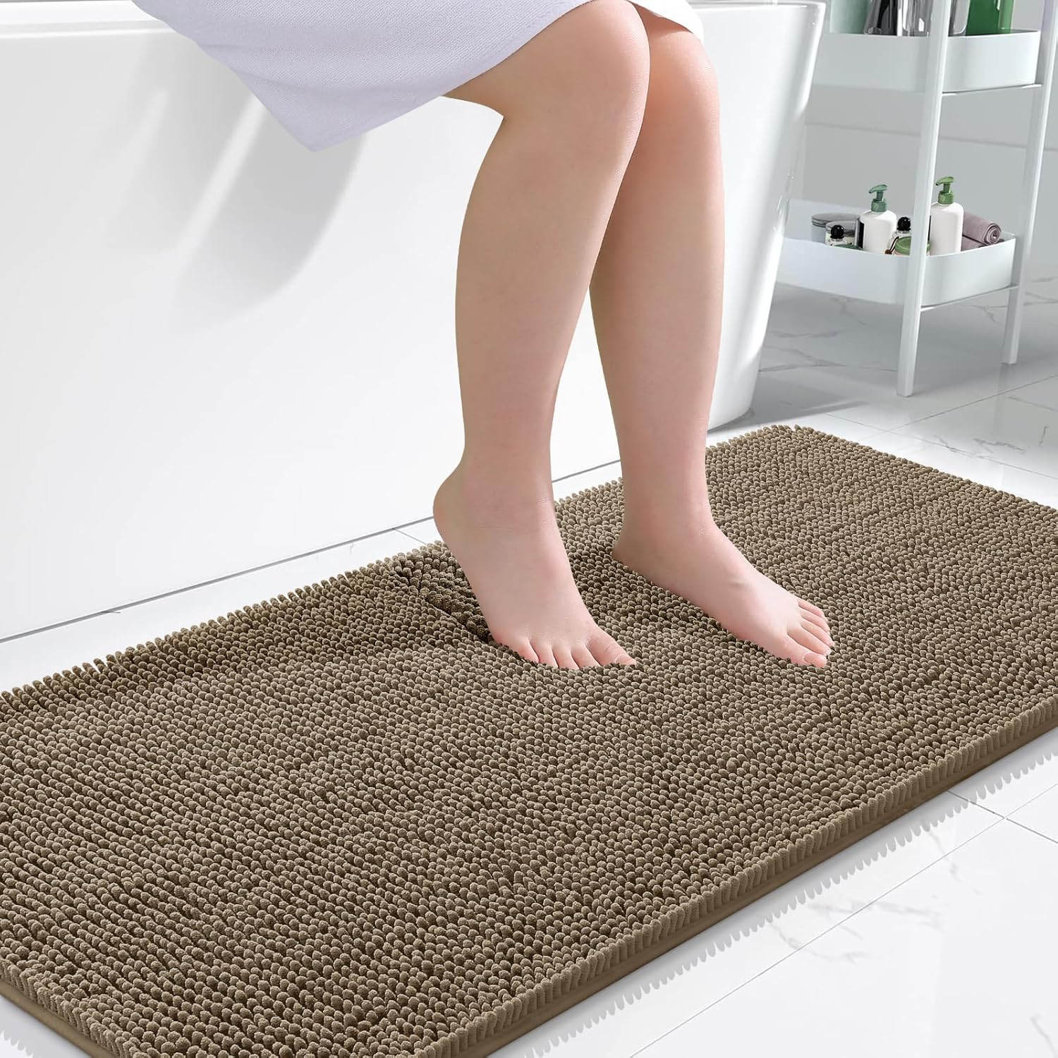 OLANLY Bathroom Runner Rugs - Extra Soft Chenille Bath Mats | Quick Dry, Machine Washable, Tan, 47x24