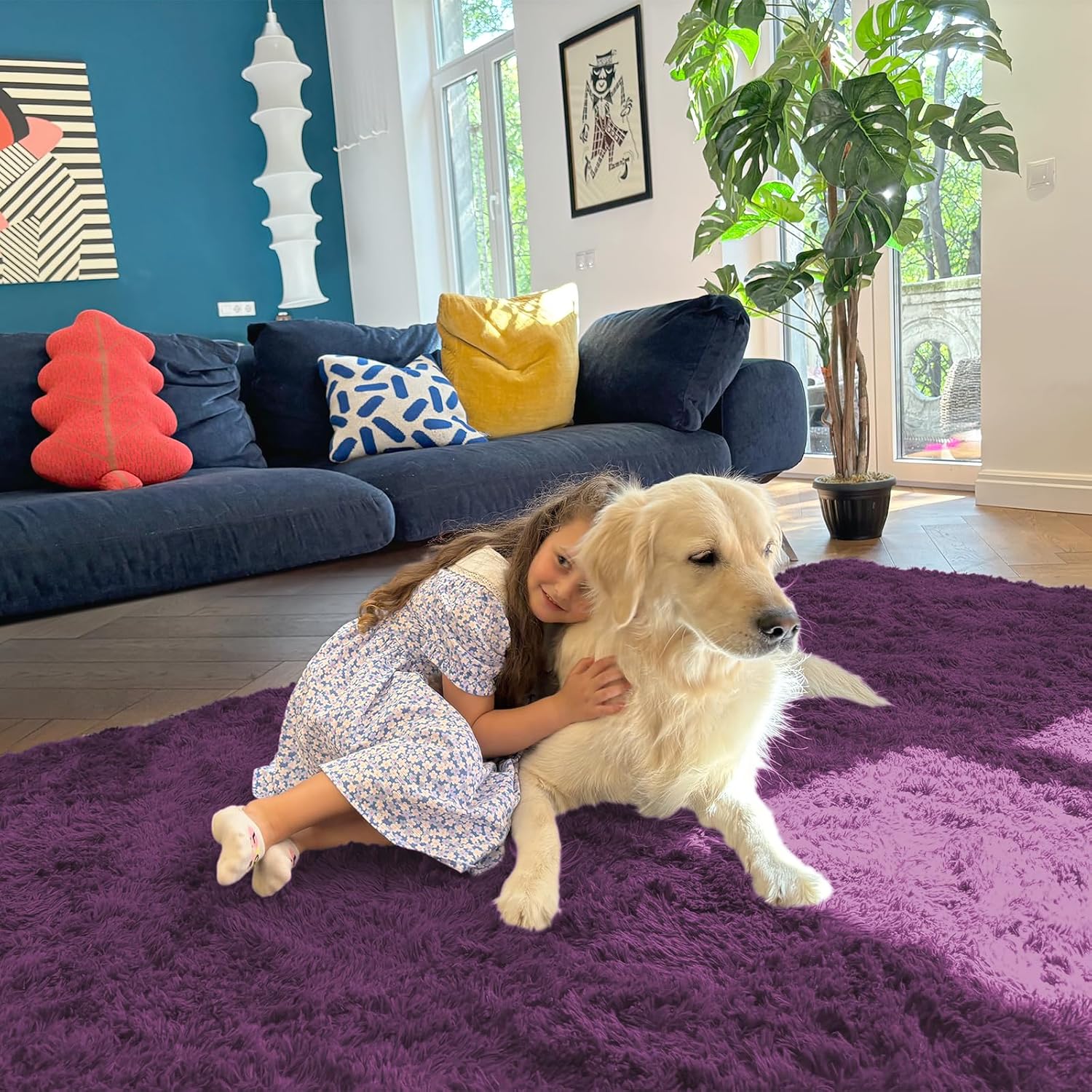 OLANLY Soft Fluffy 3x5 Machine Washable Bedside Rug - Dark Purple Shaggy Carpet for Kids & Nursery