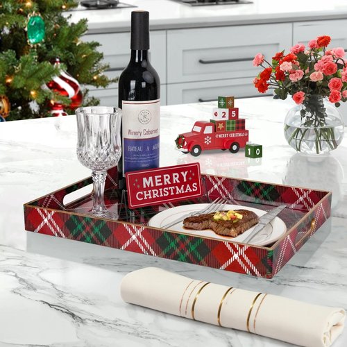 MAONAME Christmas Decorative Tray, Plastic Red Serving Tray with Handles, Modern Rectangular Christmas Trays, Coffee Table Trays for Living Room, Home Decor, 15.7" x 11.8" x 1.6"