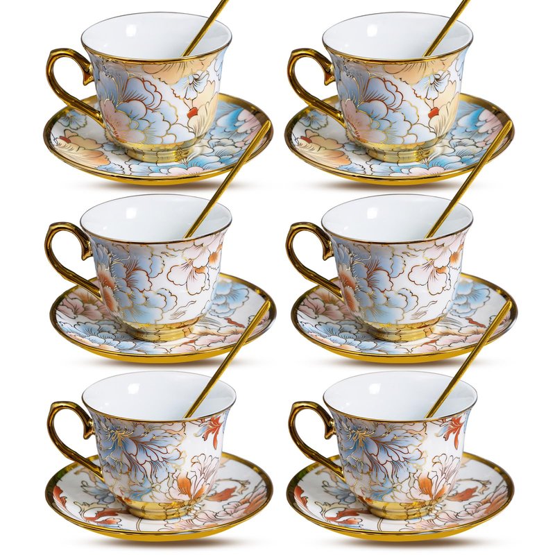 8 OZ Tea Cups and Saucers, 18 PCS Ceramic Vintage Tea Cups Set of 6, Blue Floral Cup Bulk for Cappuccino Coffee Espresso Lattes Afternoon Tea Housewarming Party Supply Thanksgiving Christmas Gifts