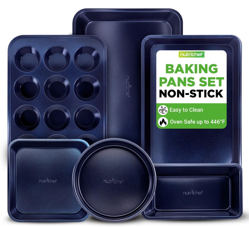 NutriChef 6-Piece Nonstick Baking Pans - Carbon Steel Non toxic Bakeware set with Cookie Sheets, Muffin, Loaf, Round & Square Pan - Restaurant Quality Baking Tray, Easy Clean, Dishwasher & Oven Safe