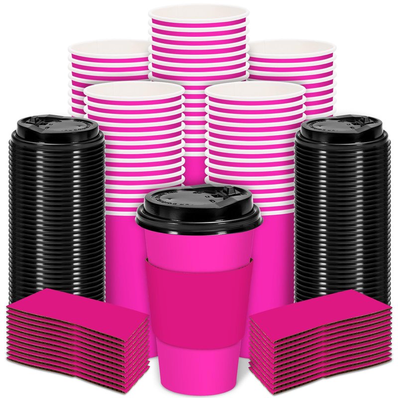 Whaline 80 Set Hot Pink Disposable Coffee Cups with Lids and Sleeves Pink Girl Paper Drinking Cups for Birthday Wedding Party Supplies