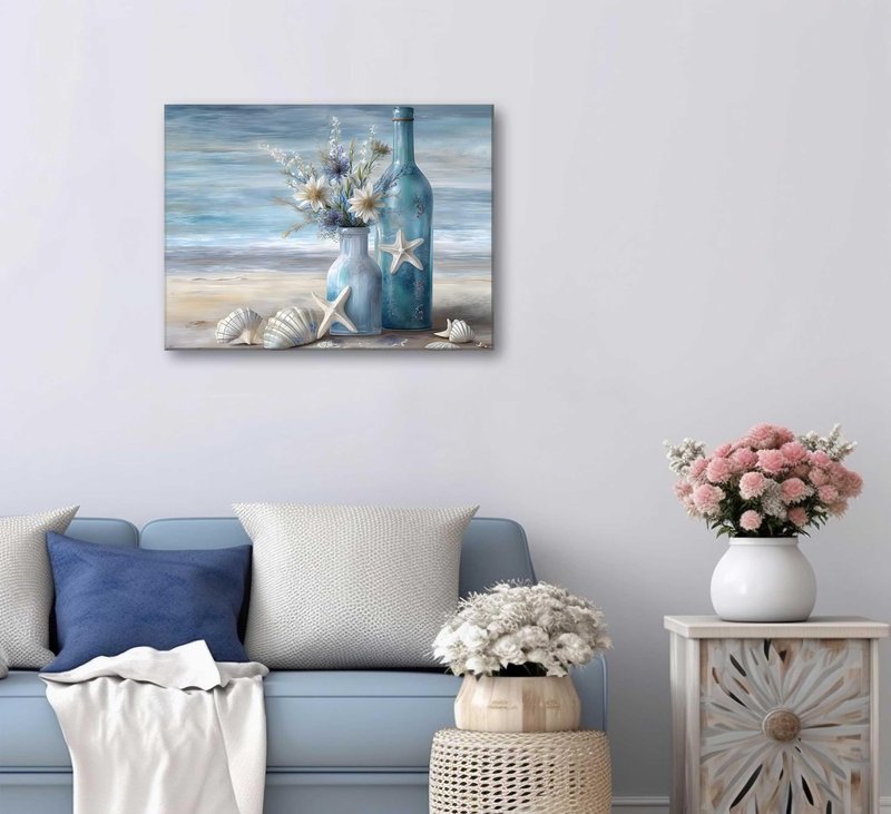 Blue Beach Ocean Flower Canva Wall Art Coastal Seascape Floral Vase Poster Picture Starfish Conch Theme Painting Rustic Shell Print for Bedroom Living Room Office Wall Decor Framed