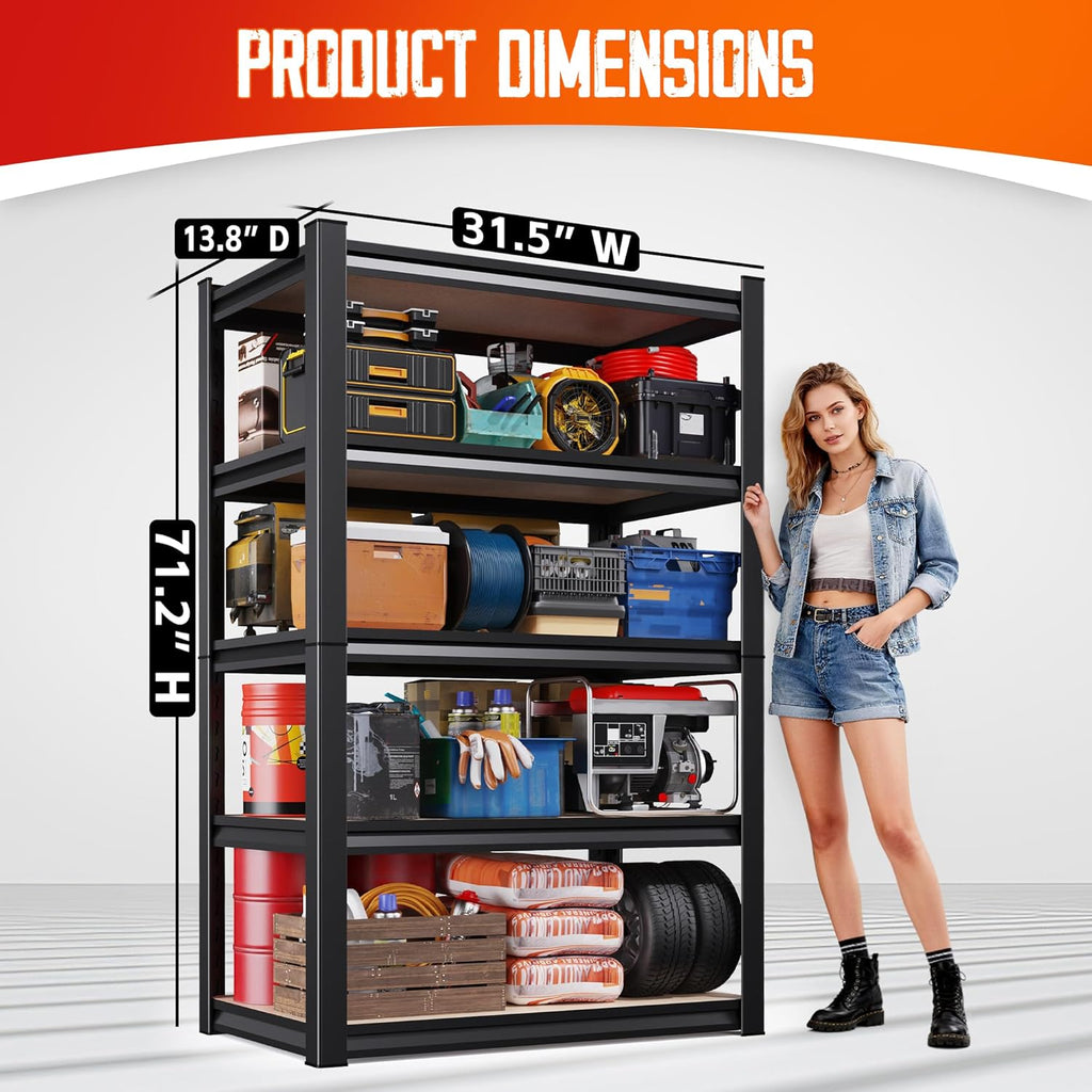Regine Switzerland 5-Tier Garage Shelving Unit - Adjustable Heavy-Duty Metal Storage Rack, 71"H x 32"W x 14"D