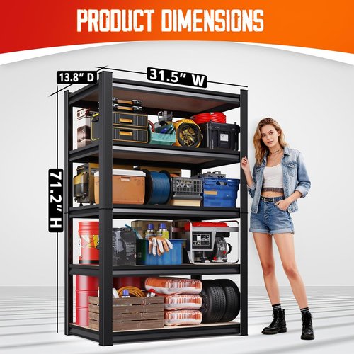 Heavy Duty Metal Shelving Unit - 5 Tier Garage Storage Shelves | 71"H x 32"W x 14"D for Organizing