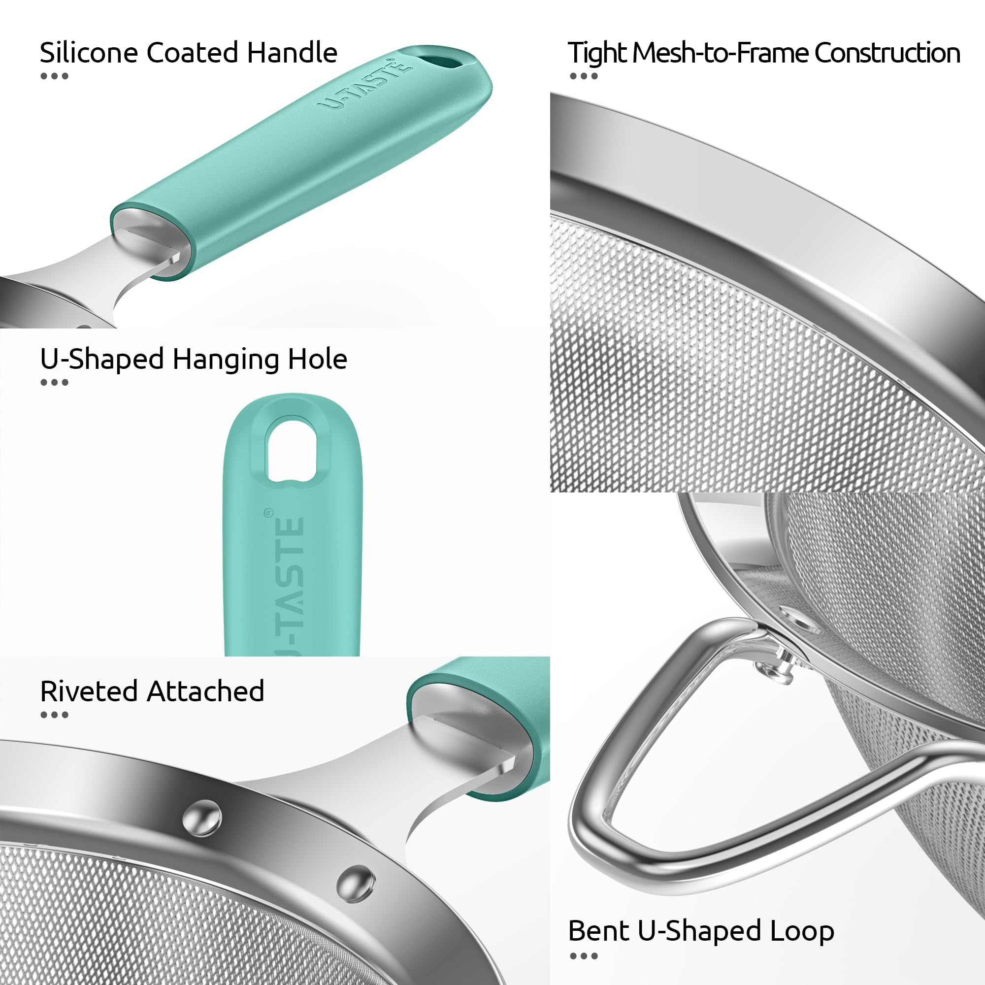 U-Taste Small Fine Mesh Strainer: 18/8 Stainless Steel 3.35in 30 Mesh Kitchen Food Sieve with Sturdy Riveted Silicone Handle, Heavy Duty Deep Handheld Metal Colander for Tea, Juice (Aqua Sky)