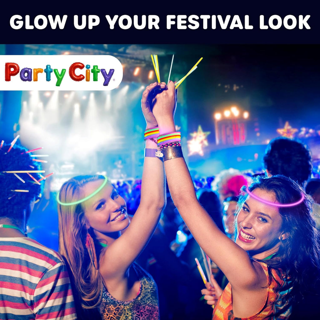 Party City 100 Glow Sticks - Neon Glow in the Dark Party Supplies | Connectors for Bracelets & Necklaces