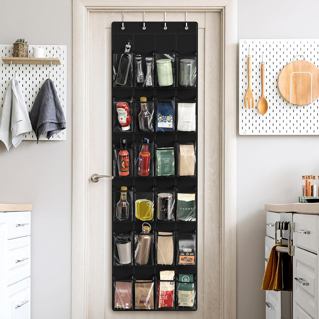 Simple Houseware 24 Pockets - Over The Door Hanging Shoe Organizer | Crystal Clear, Black (64'' x 19'')