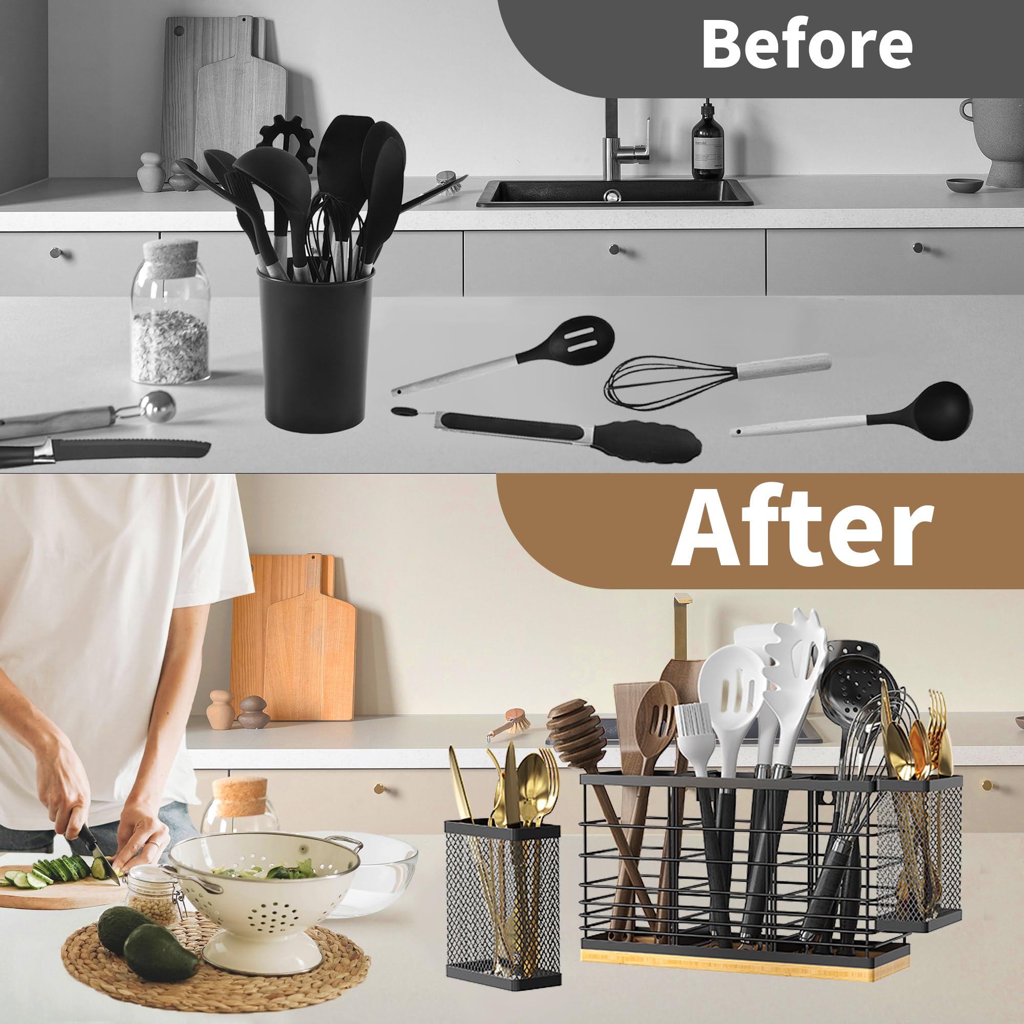 BEGULF Large Utensil Holder for Kitchen Counter, Wall Mounted Silverware Caddy with 5 Compartments, Metal Utensil Caddy with 2 Small Removable Basket and Wooden Base