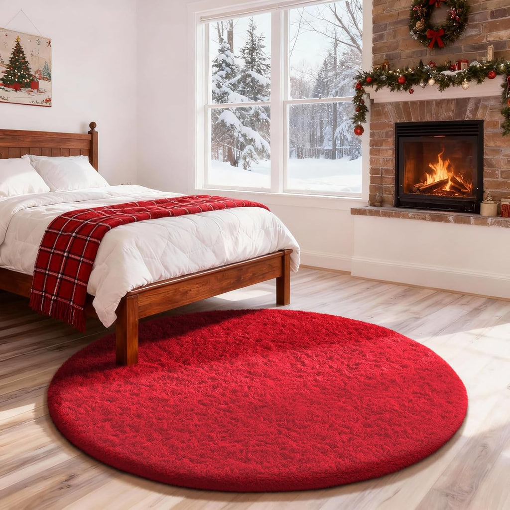 Ophanie Round Rug - 4Ft Red Circle Area Rug | Fluffy Plush Shaggy Carpet for Kids' Room & Nursery