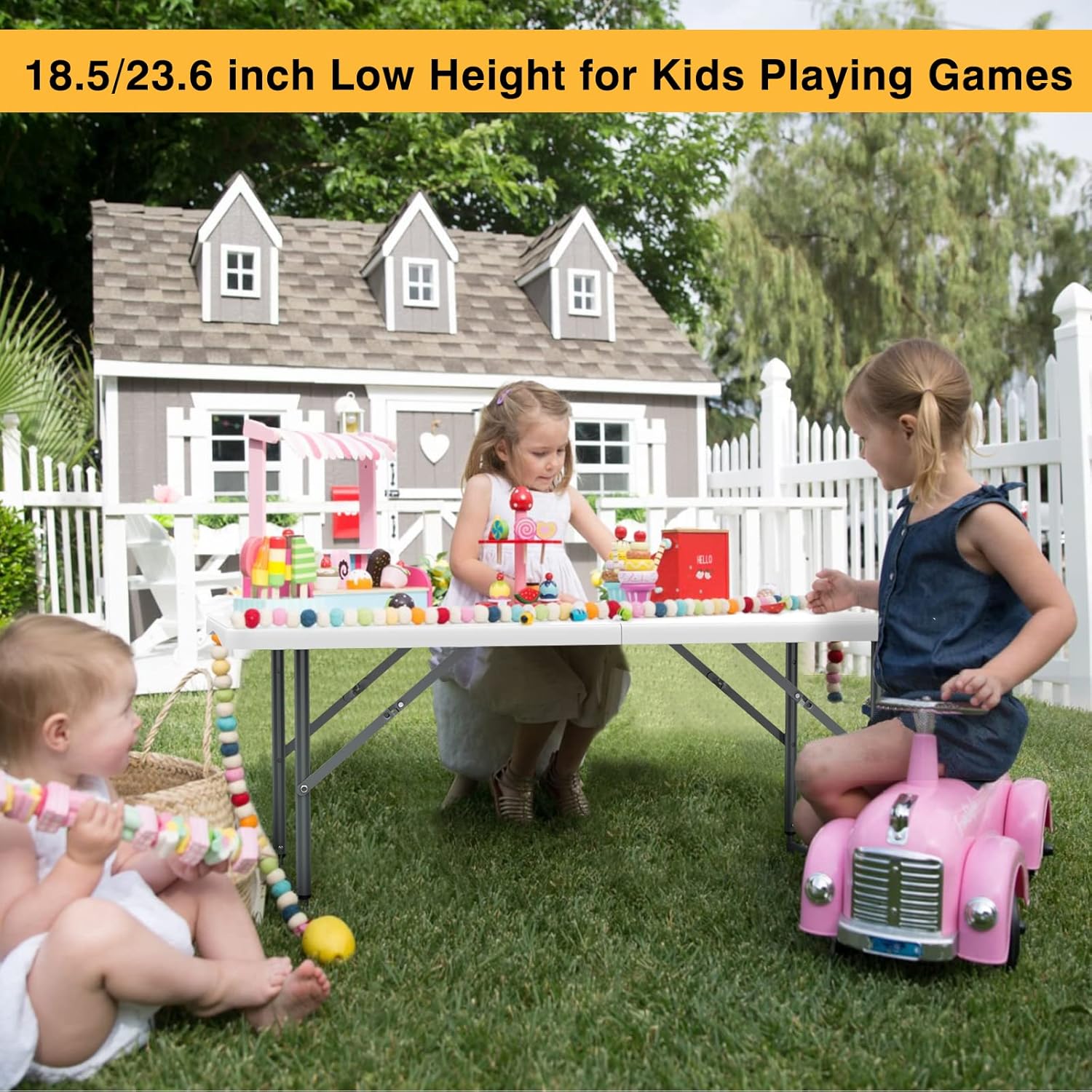 SKOK Folding Picnic Table - Adjustable Height 4/6/8 Foot Portable Plastic Table with Handle | Heavy-Duty Utility for Events