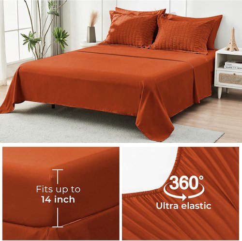 HYMOKEGE Queen Comforter Set - 7-Piece Burnt Orange Seersucker Luxury Bedding | All-Season Bed in a Bag